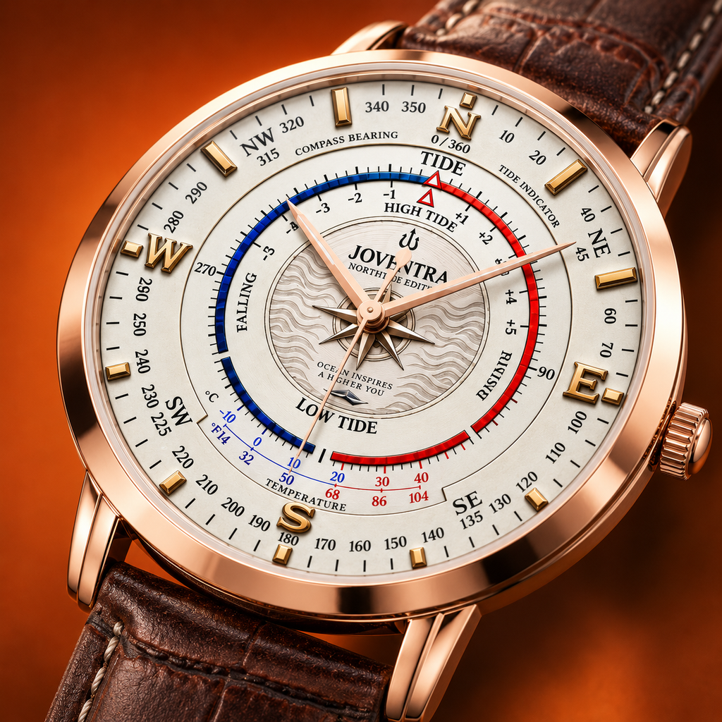 Mariner Northtide Navigator Compass & Tide Indicator Watch by Joventra - 304 stainless steel case detail