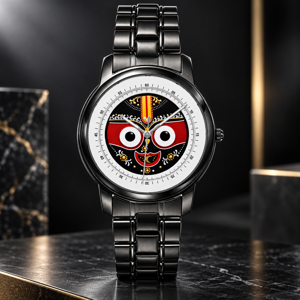 Lord Jagannath watch dial close-up with gold Tilak detailing