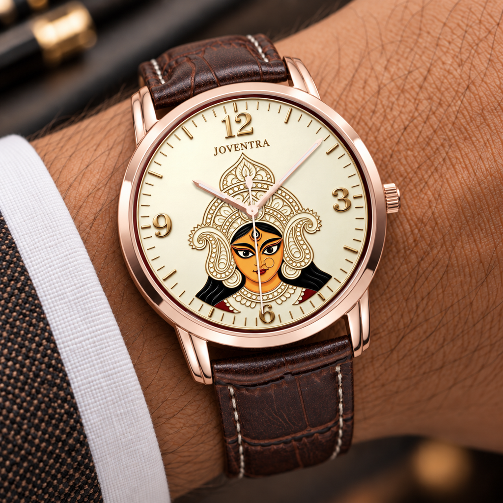 Goddess Durga Maa Navratri Special Watch by Joventra — SEIKO quartz wristwatch with Durga face-art dial and leather strap — photo 2