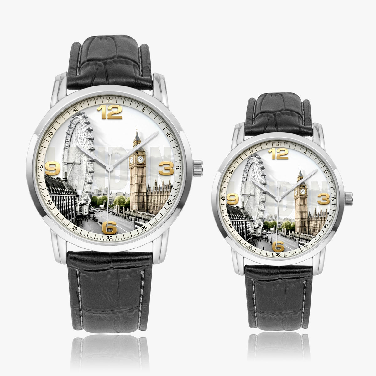 Two matching wristwatches with silver-tone cases, black leather straps, and London-themed dial artwork featuring Big Ben, the London Eye, and Westminster Bridge. The larger watch is on the left and the smaller one on the right, both shown on a light gray background with subtle reflections below.