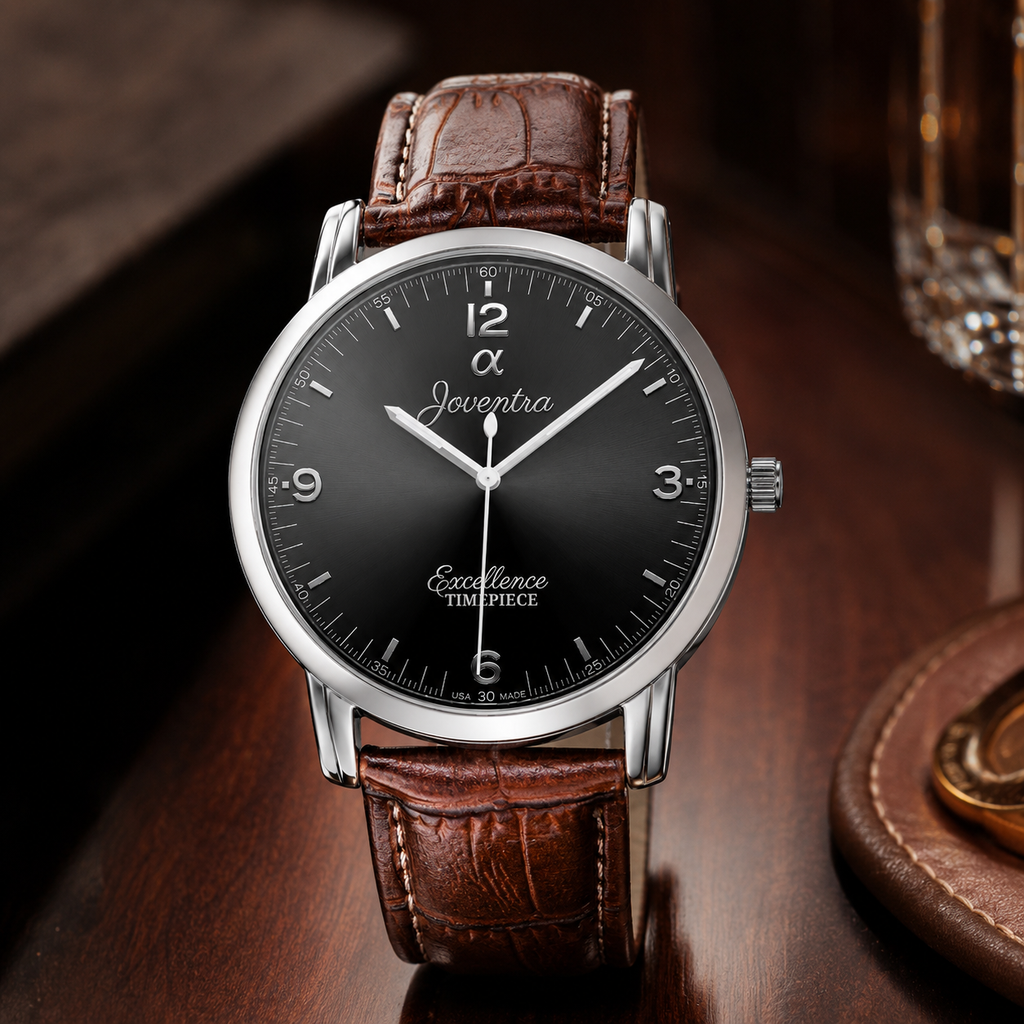 A luxury wristwatch with a black dial, silver-tone case, and brown leather strap, resting on a dark wooden surface with a blurred glass in the background.