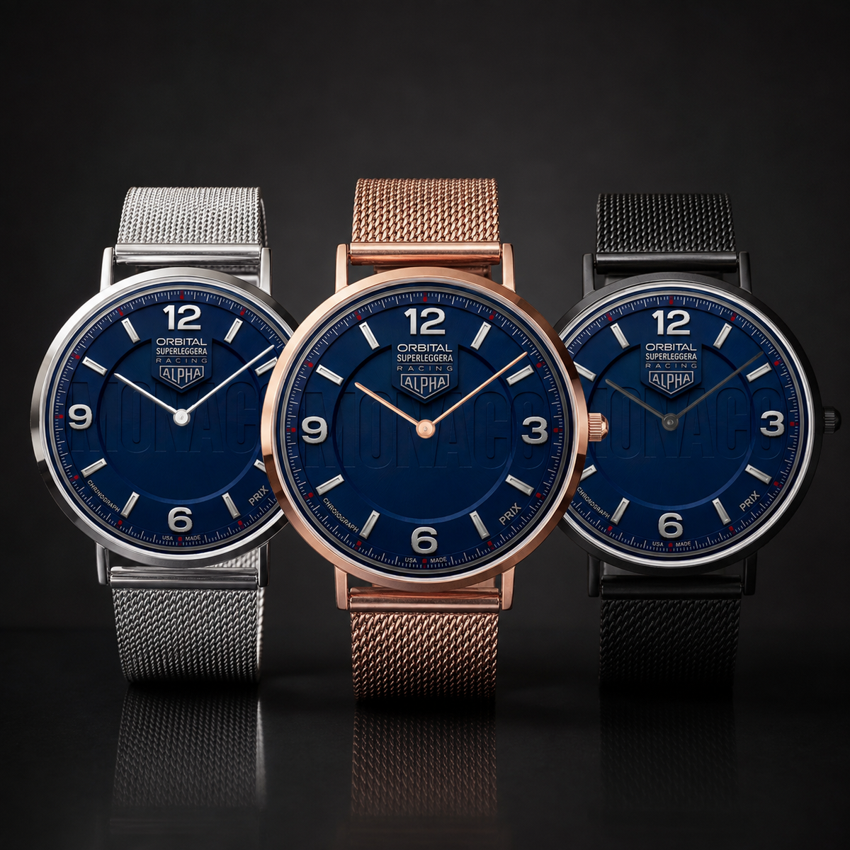Three ALPHA Crystal Sports watches with deep blue dials and mesh straps, shown in silver, rose gold, and black metal finishes against a dark background.