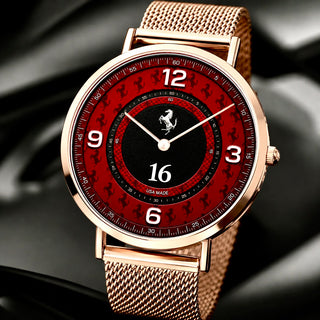 Close-up view of Joventra Italian motorsport watch dial featuring Rosso Red racing finish, carbon fiber accent ring, and driver number 16.
