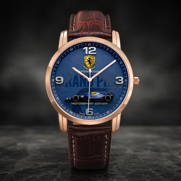A luxury Joventra Grand Prix wristwatch with a rose gold case, a blue dial featuring a racing emblem and racing car graphic, and a brown leather strap, set against a dark textured background.