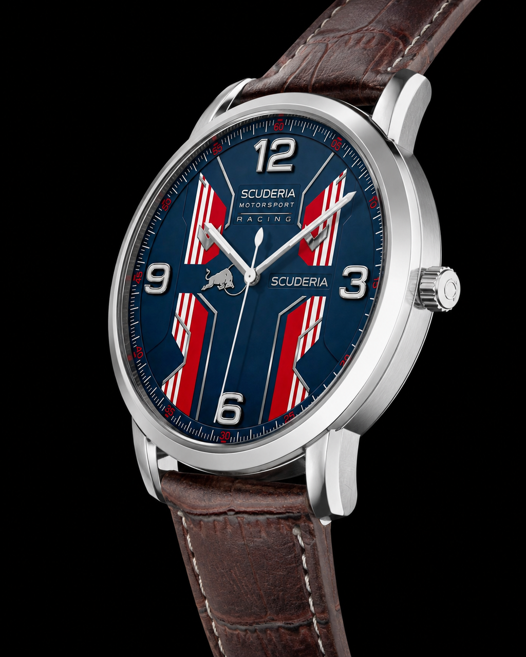 A close-up studio shot of a Joventra Scuderia Motorsport wristwatch with a silver-toned case, a blue dial featuring red and white striped flag graphics, and a brown leather strap against a solid black background.