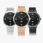 Three Petronas smartwatches with black digital faces and star patterns, shown side by side in silver, rose gold, and black metal cases with mesh straps on a light gray background.