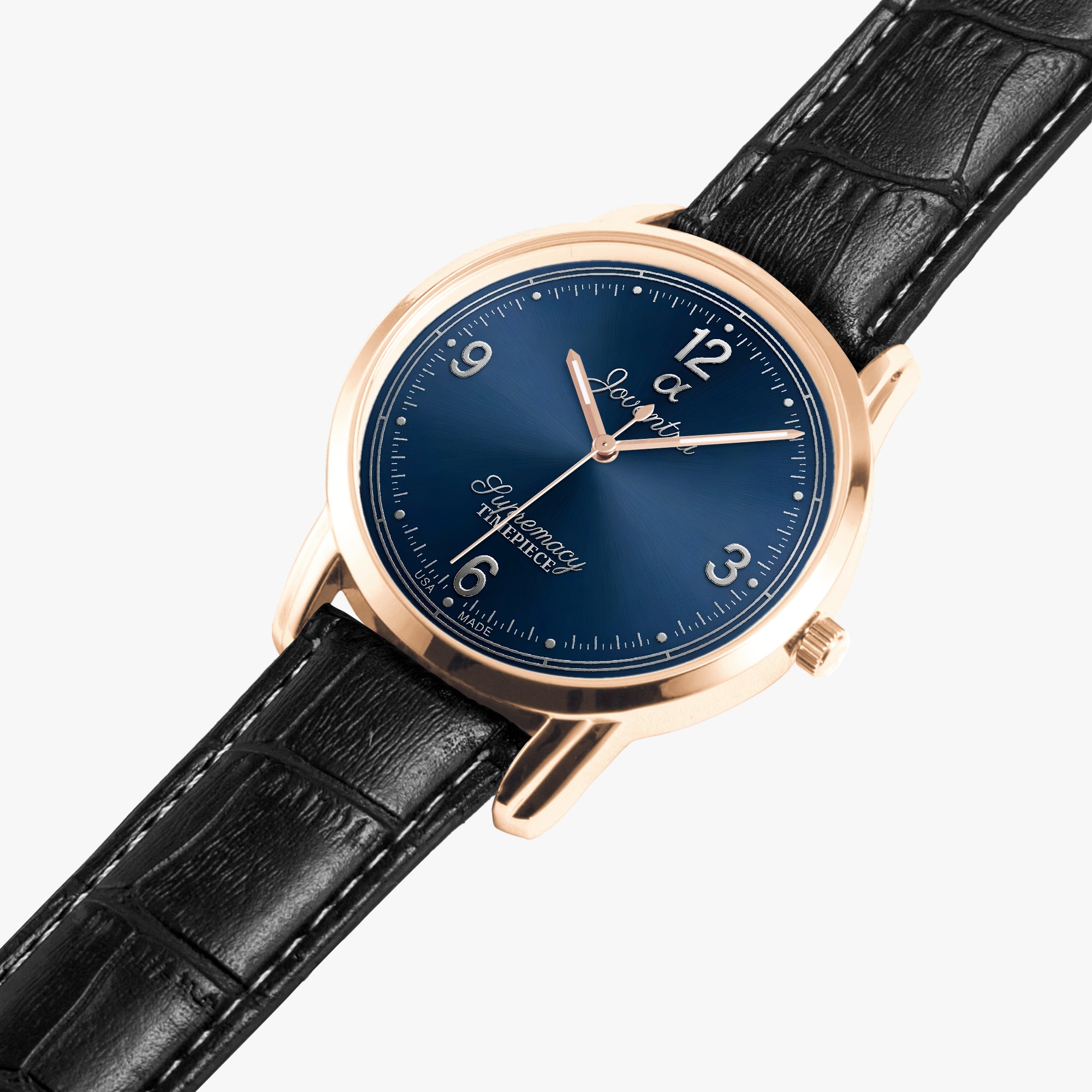 A luxury wristwatch with a round blue dial, rose gold case, and a black leather strap, shown on a light gray background.