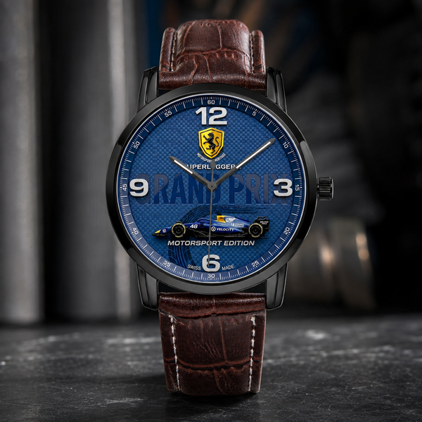 A wristwatch with a blue racing-themed dial, featuring a leopard logo and a Formula 1 car graphic, paired with a brown leather strap. The watch is presented on a dark, textured surface with a blurred background.