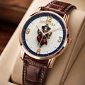 A luxury watch with a rose gold case, brown leather strap, and a white dial featuring a detailed Ganesha illustration and the brand name 'JOVENTRA'.