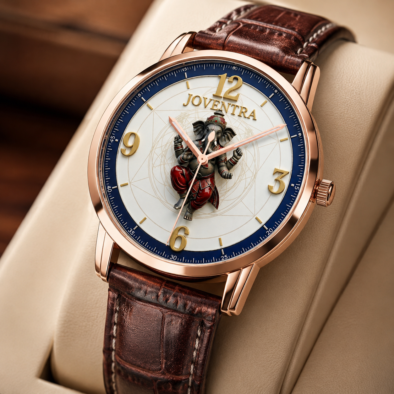 A luxury watch with a rose gold case, brown leather strap, and a white dial featuring a detailed Ganesha illustration and the brand name 'JOVENTRA'.