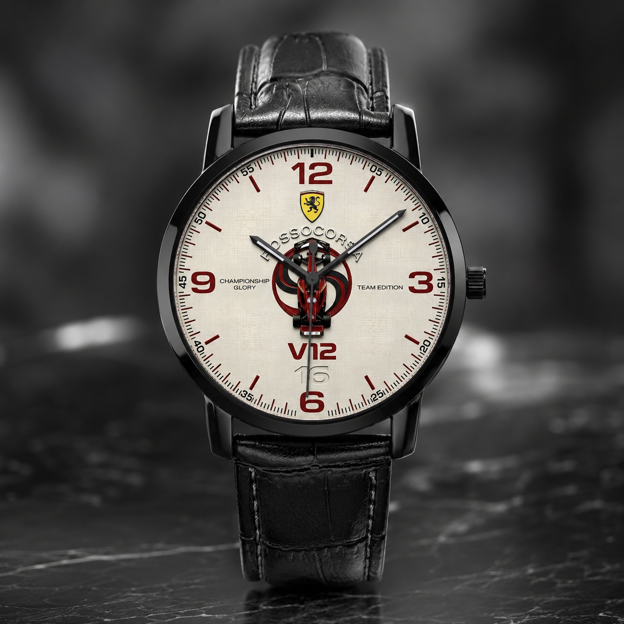 A Scuderia V12 watch with a black leather strap, black case, and a cream-colored dial featuring red numerals, the Ferrari logo, and a central red and black graphic.