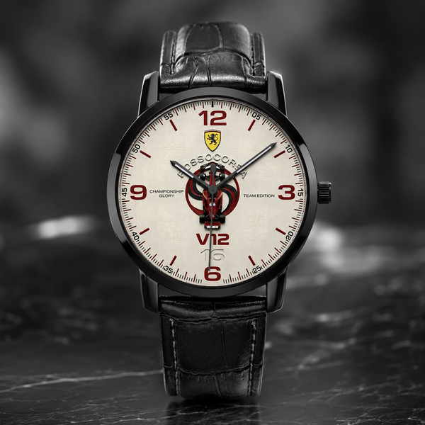 A Joventra Rosso Corsa V12 watch with a black leather strap, black case, and a cream-colored dial featuring red numerals, a racing emblem, and a central red and black graphic.