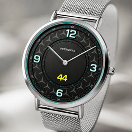 Grand Prix motorsport Joventra watch with dark geometric dial, cyan accents, and silver stainless steel mesh strap.