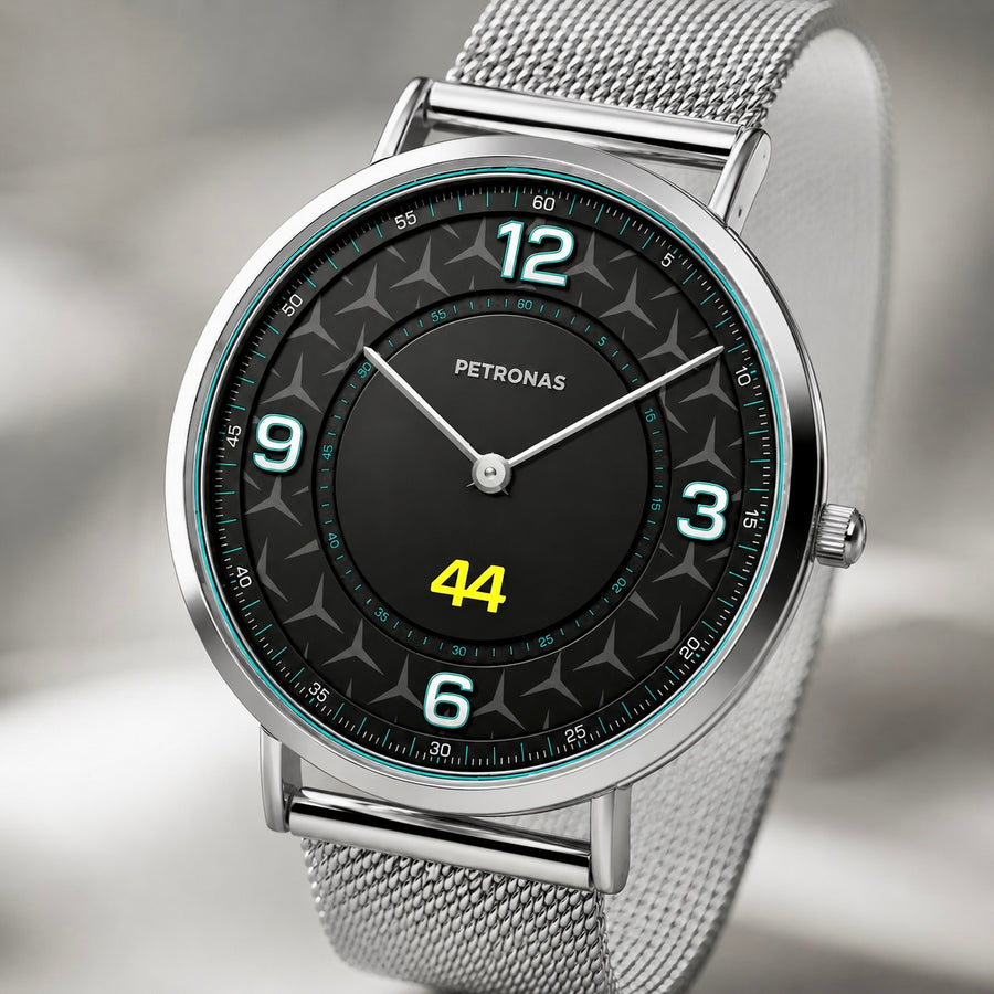 Grand Prix motorsport Joventra watch with dark geometric dial, cyan accents, and silver stainless steel mesh strap.