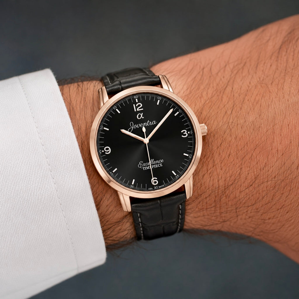 Close-up view of Joventra Excellence black watch dial featuring sunburst finish, silver numerals, and Joventra Alpha logo
