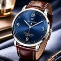 Close-up view of Joventra Supremacy Alpha sunburst blue dial featuring silver numerals, outer track, and alpha symbol