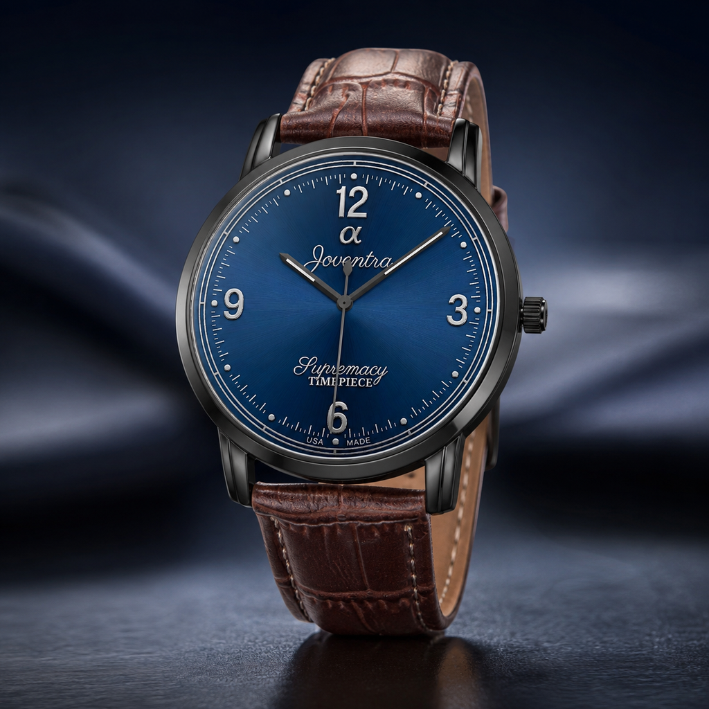 A luxury wristwatch with a round blue dial, silver-tone case, and brown leather strap, shown on a dark reflective surface with a smoky blue background.