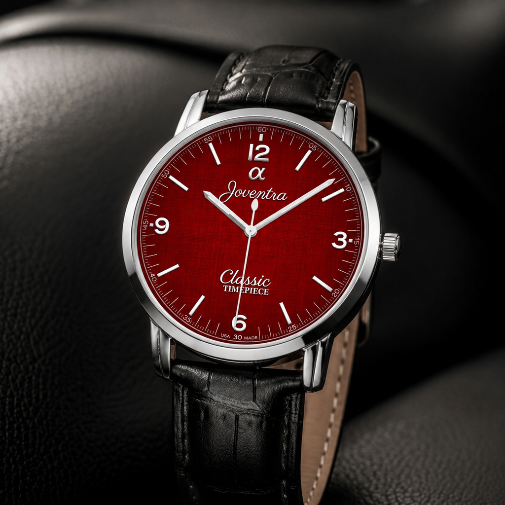 A close-up of a Joventra Classic Timelapse wristwatch with a deep red dial, silver-tone case, and black leather strap, resting on a dark textured surface.