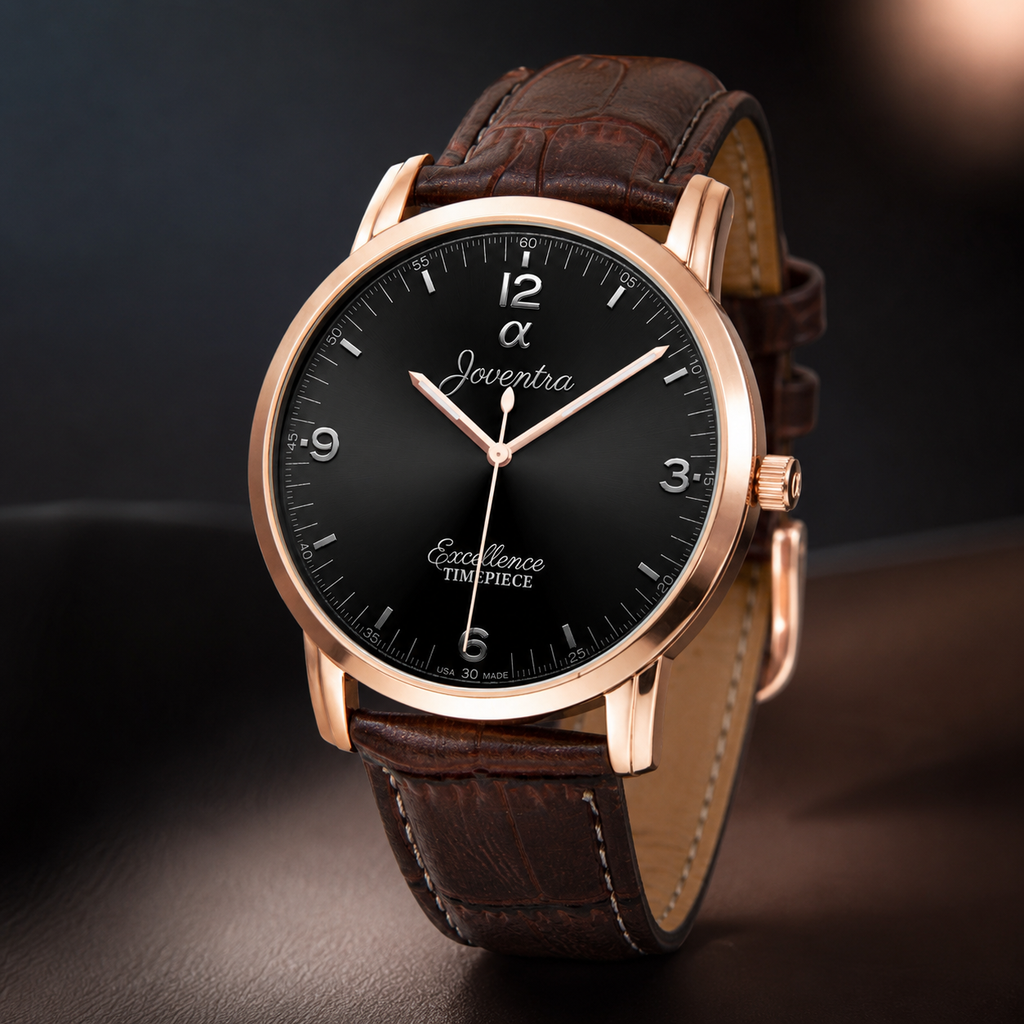 Joventra Excellence sunburst black watch in gold stainless steel case with brown alligator-embossed leather strap.