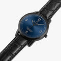A men's analog Joventra watch with a round black case, a deep blue dial featuring white Arabic numerals and Japanese quartz movement, and a textured black leather strap with white stitching, shown on a light gray background.