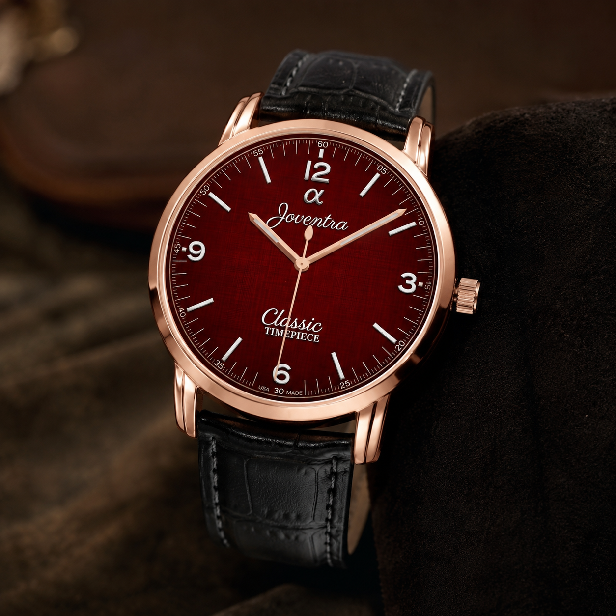 Joventra Classic crimson red dial watch in GOLD stainless steel case with brown alligator-embossed leather strap.
