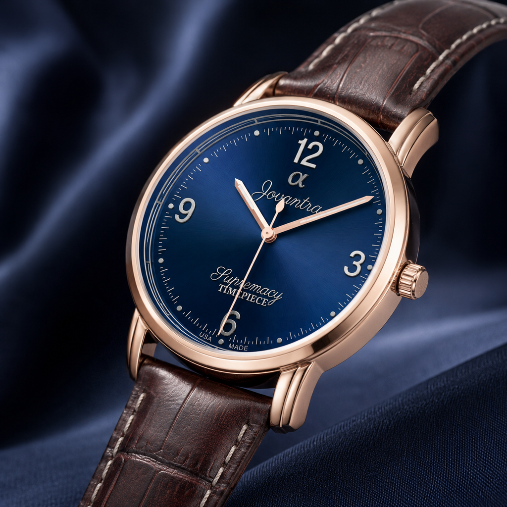 A luxury watch with a blue dial, rose gold case, and brown leather strap, displayed on a dark blue satin fabric background.