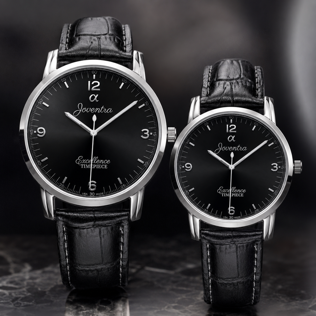 Two Jaeger-LeCoultre Excellence Timepiece watches with black leather straps and silver-toned cases, displayed side by side against a dark gray background.