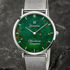 Joventra Bloodstone unisex watch with green prismic stone dial and silver stainless steel mesh strap.