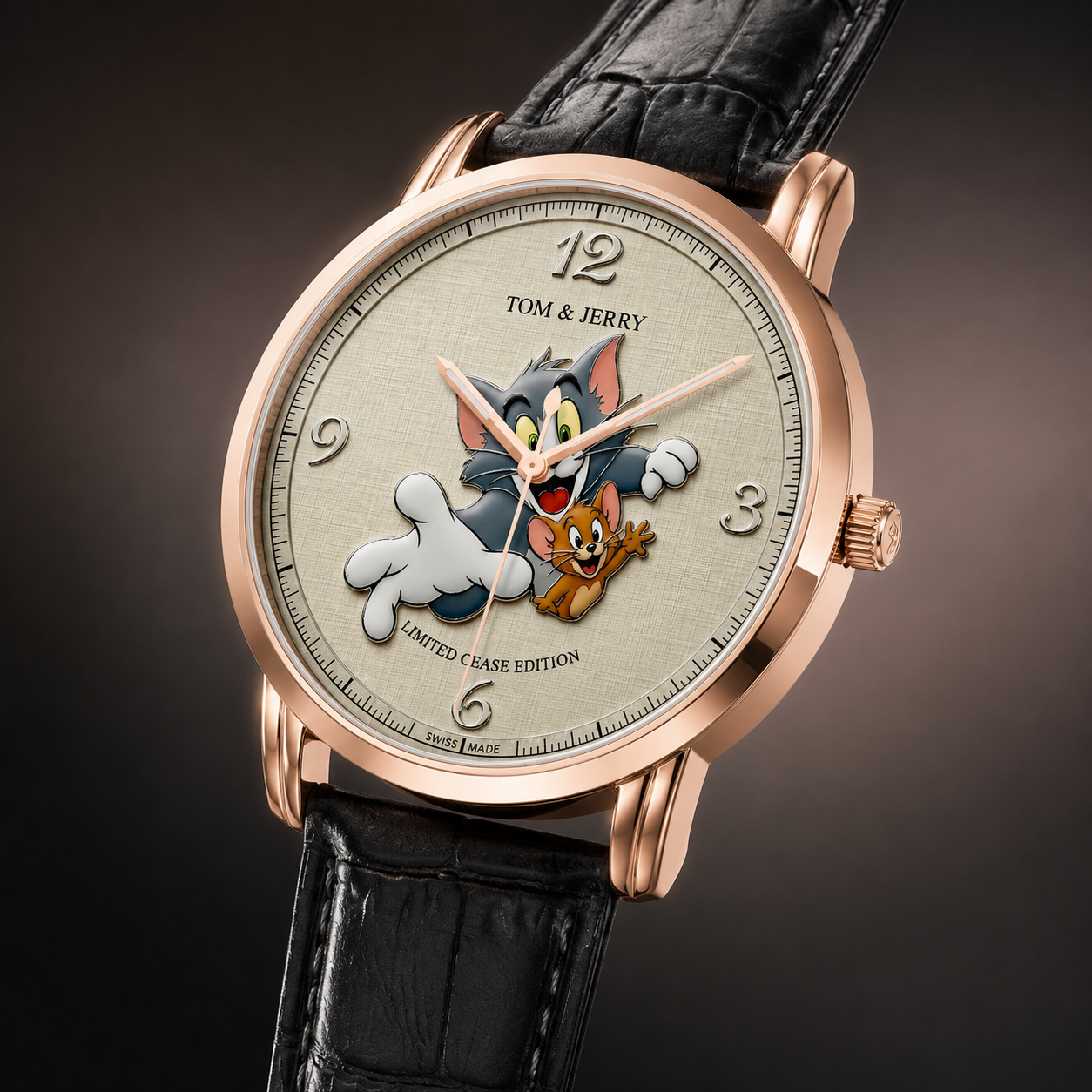 Tom & Jerry limited edition wrist watch featuring a rose gold case, black alligator-textured leather strap, and a beige dial with Tom and Jerry characters.