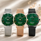 Three Joventra Bloodstone wristwatches with green marbled dials and mesh straps in silver, gold, and black, arranged side by side on a light beige background with soft shadows.