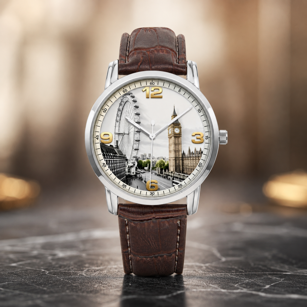 A wristwatch with a brown leather strap and a silver-toned case, featuring a London-themed dial illustration with Big Ben and the London Eye. The watch is centered on a dark marble surface with a softly blurred warm-toned background.