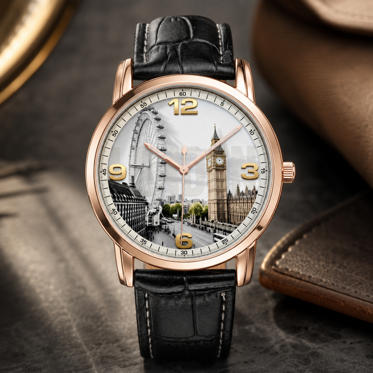 A luxury wristwatch with a rose gold case, black leather strap, and a London-themed dial featuring Big Ben and the London Eye.