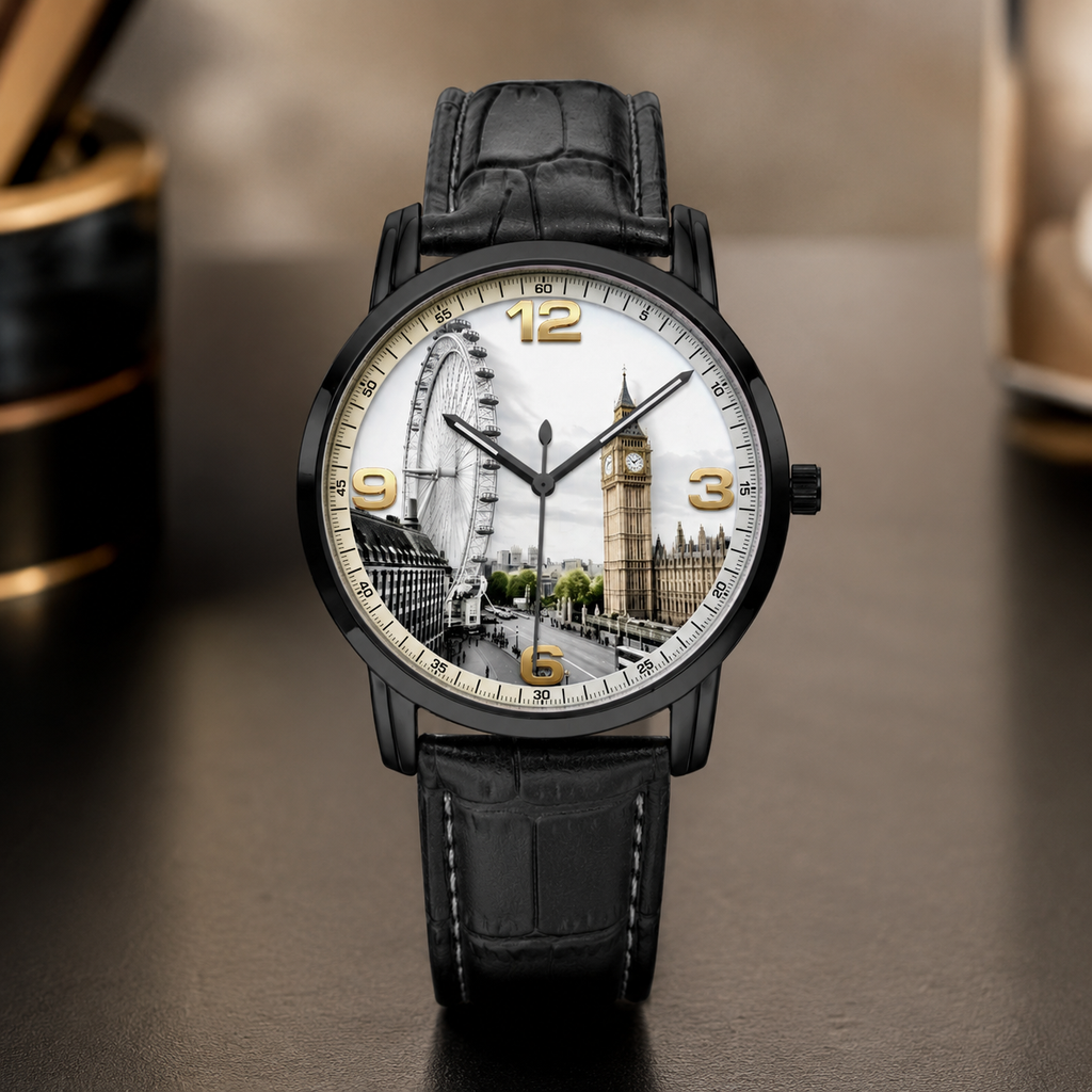 A wristwatch with a black leather strap and a round black case, featuring a London cityscape print on the dial with gold-tone numerals and hands. The watch is centered on a dark brown surface with a blurred background.