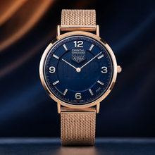 Ultra-thin Monaco motorsport racing watch in an electroplated rose gold finish, featuring a high-fidelity blue racing dial and a premium rose gold stainless steel mesh band.