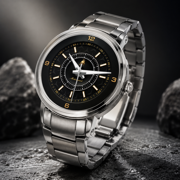 Joventra 46mm motorsport automatic mechanical watch in silver stainless steel, resting on dark stone, featuring a black dial with a golden bull emblem and racing-inspired details.