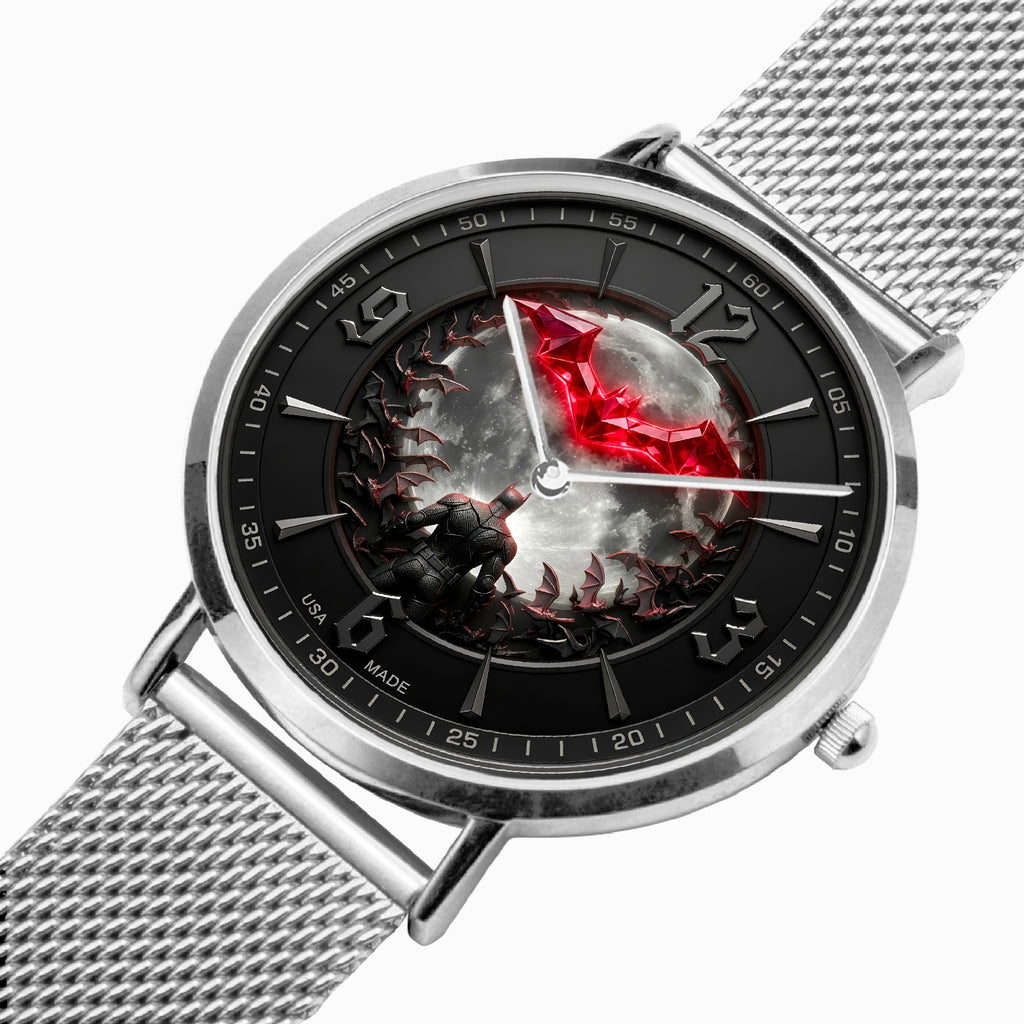 A silver stainless steel mesh-strand watch with a black dial featuring a dramatic red and black gothic illustration of a figure in front of a full moon.