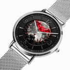 A silver stainless steel mesh-strand watch with a black dial featuring a dramatic red and black gothic illustration of a figure in front of a full moon.