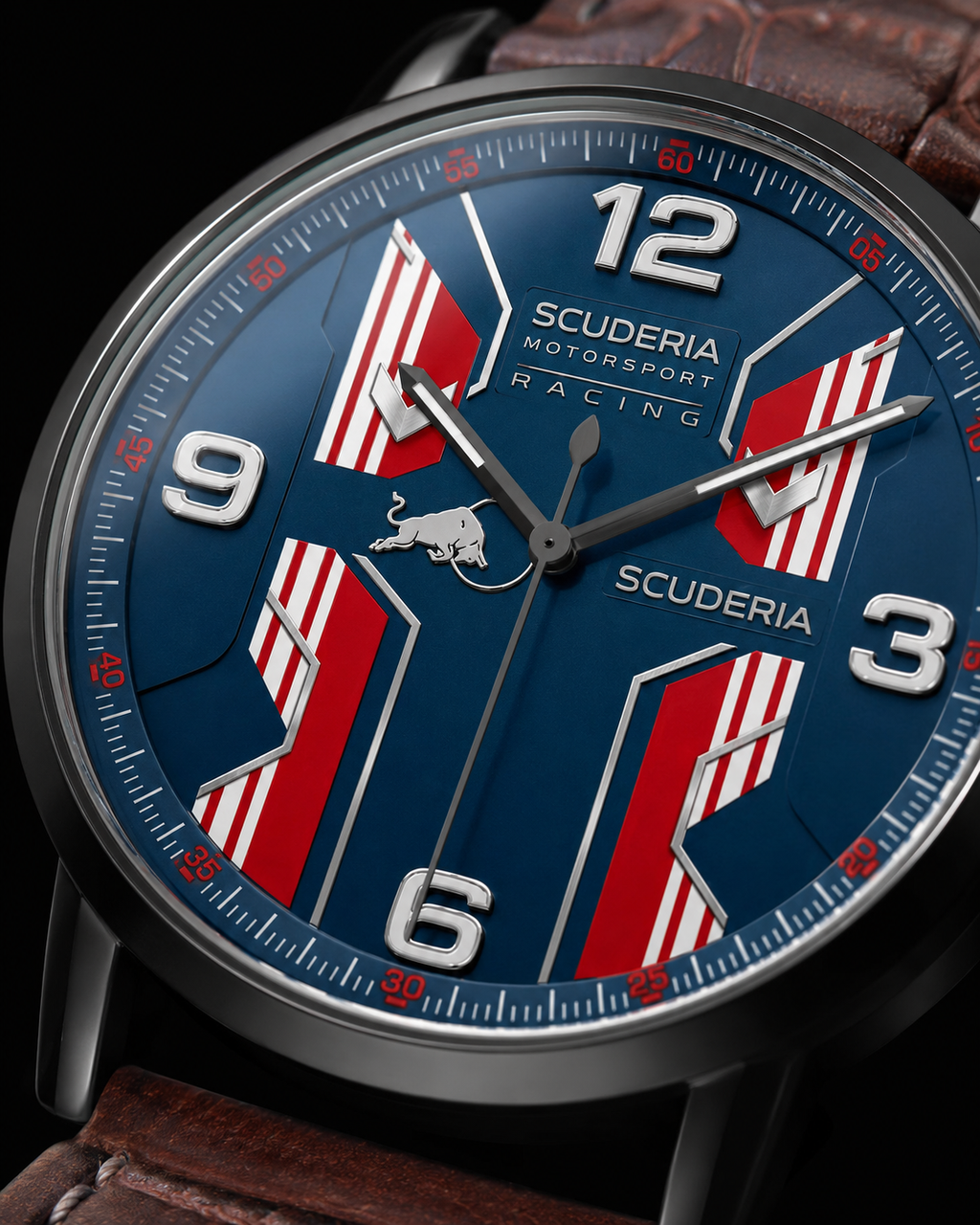 Close-up of a Scuderia Motorsport Racing watch with a blue dial, red and white striped chevron motifs, white Arabic numerals, and a brown leather strap on a dark background.