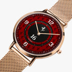 A luxury watch featuring a rose gold mesh strap, a round rose gold case, and a red dial with black and red racing-inspired graphics, white Arabic numerals, and a black 16 o'clock sub-dial.