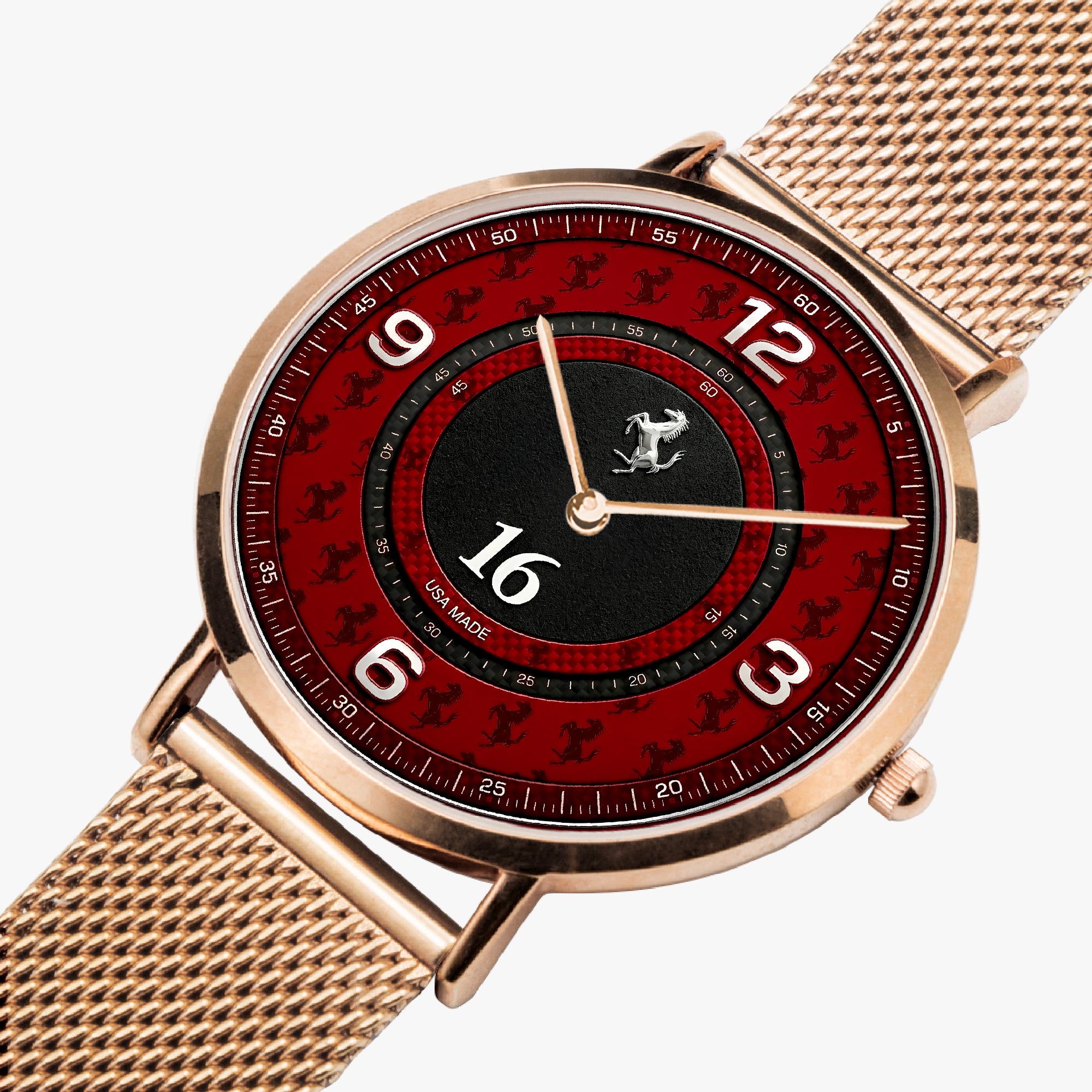 A luxury watch featuring a rose gold mesh strap, a round rose gold case, and a red dial with black and red Ferrari logo patterns, white Arabic numerals, and a black 16 o'clock sub-dial.