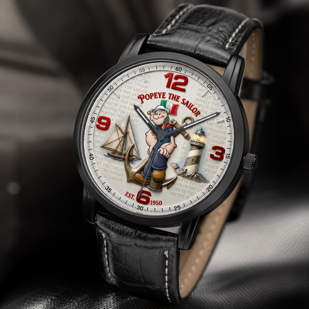 A close-up of a wristwatch with a black leather strap and a detailed Popeye the Sailor themed dial, resting on a dark textured surface.