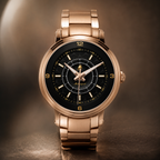 A luxury men's watch with a rose gold metal case and link bracelet, featuring a black dial with gold-tone hands and markers, set against a dark, moody background.