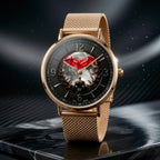 A luxury wristwatch with a rose gold mesh strap and a black dial featuring a red bat logo and a skeletonized graphic, displayed on a dark reflective surface.