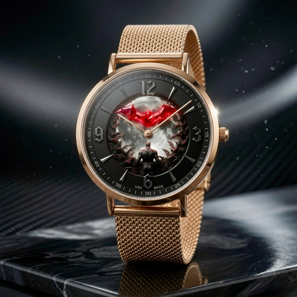 A luxury wristwatch with a rose gold mesh strap and a black dial featuring a red bat logo and a skeletonized graphic, displayed on a dark reflective surface.