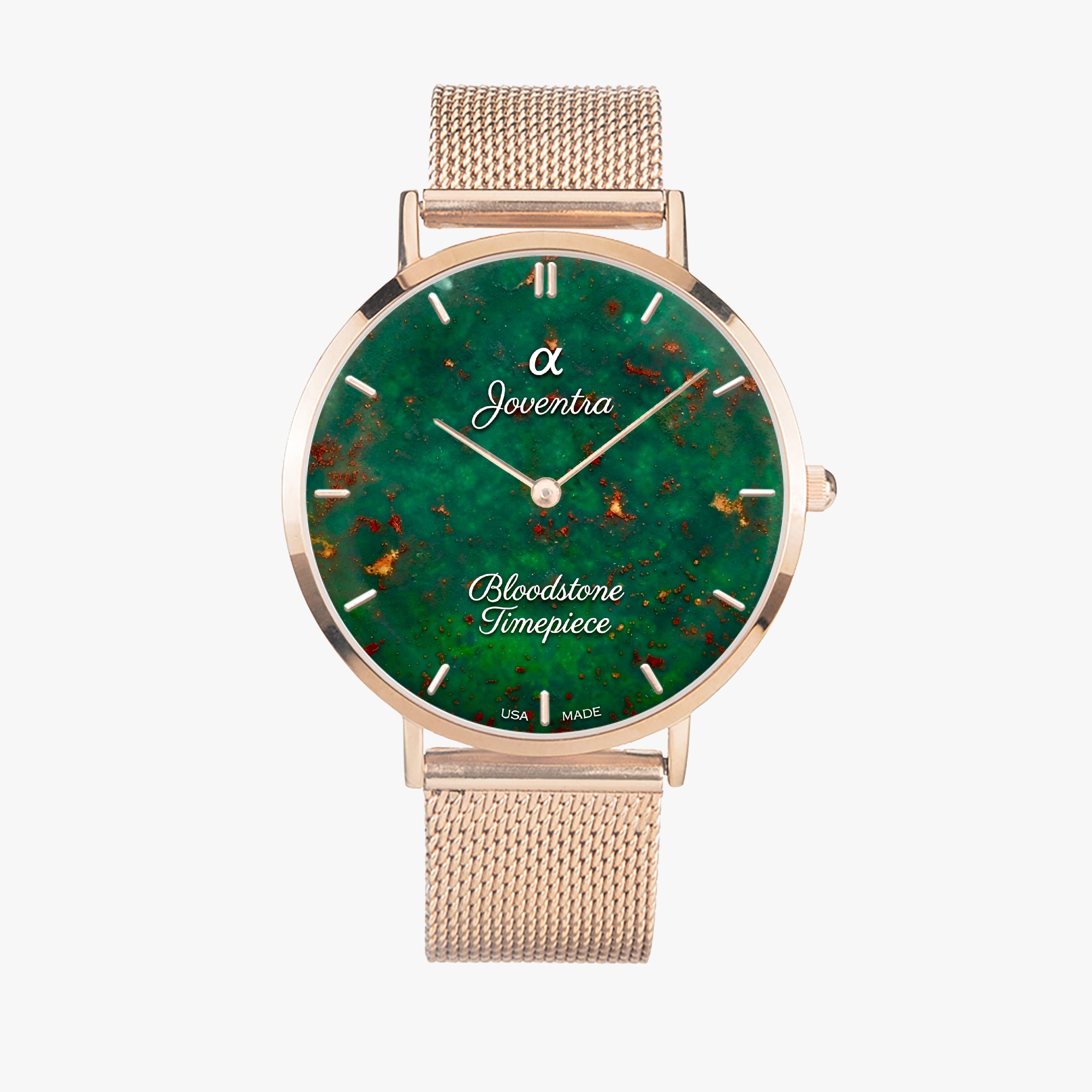 A Joventra wristwatch with a round green malachite dial, gold-tone hands and markers, and a rose gold mesh strap, shown against a light gray background.