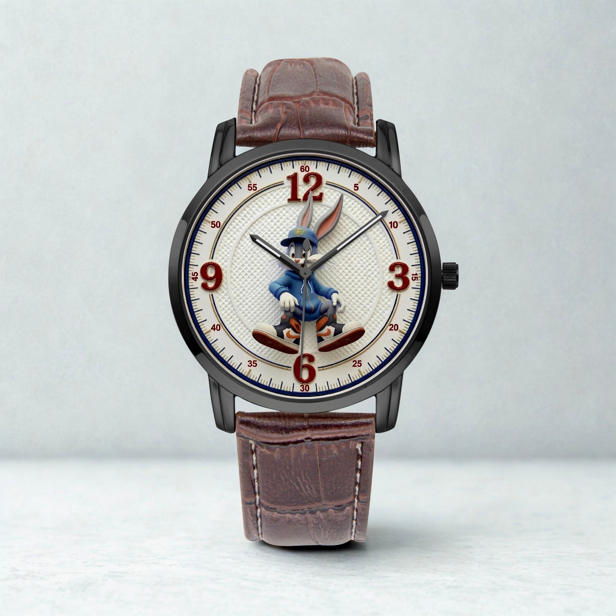 A wristwatch with a brown textured leather strap, a black case, and a white dial featuring a cartoon rabbit character in blue and red on the center.