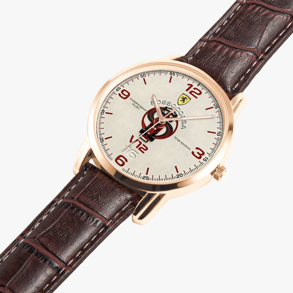 A close-up of a Joventra Rosso Corsa V12 Team Edition wristwatch with a rose gold case, white dial, and dark brown leather strap on a light gray background.