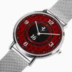 A silver-tone stainless steel wristwatch with a mesh strap, featuring a red dial with black racing-inspired graphics, white Arabic numerals, and a black 16-hour sub-dial.