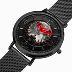 A black analog watch with a textured black mesh strap, featuring a round black case and a detailed dial illustration of a vampire holding a red rose under a full moon.