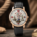 A men's wristwatch with a rose gold case, black leather strap, and a detailed white dial featuring Popeye the Sailor, a sailboat, and a lighthouse, set against a warm, blurred nautical background.